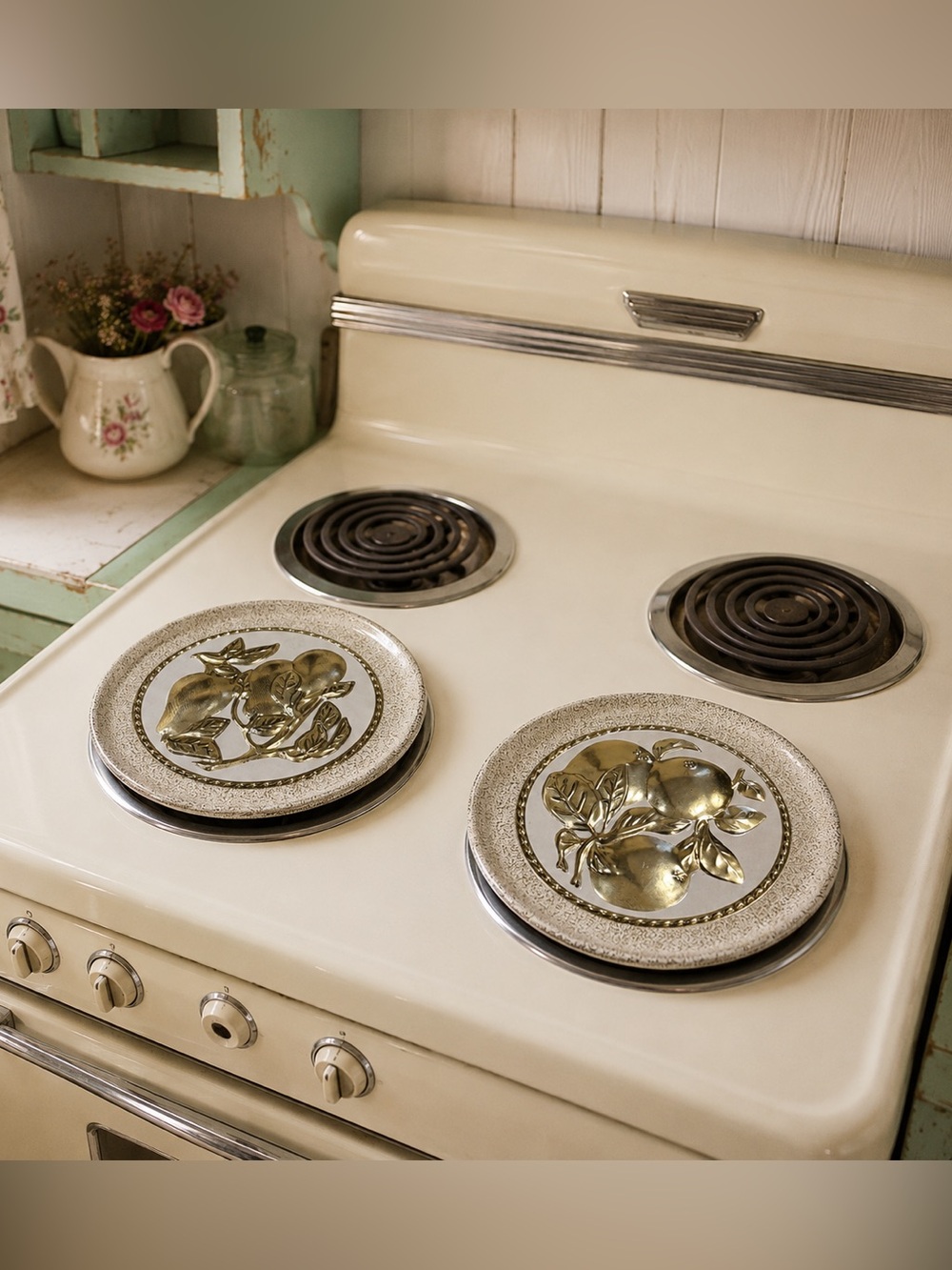 Vintage Stove Burner Covers Set of 2 Gold Apples Metal Retro Kitchen Decor